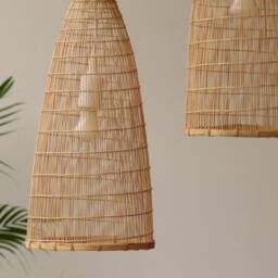 Tall Thin Natural Bamboo Light - Boho Pendant Lamp Shade Fixture, Repurposed Woven Wood Basket - thumbnail 2