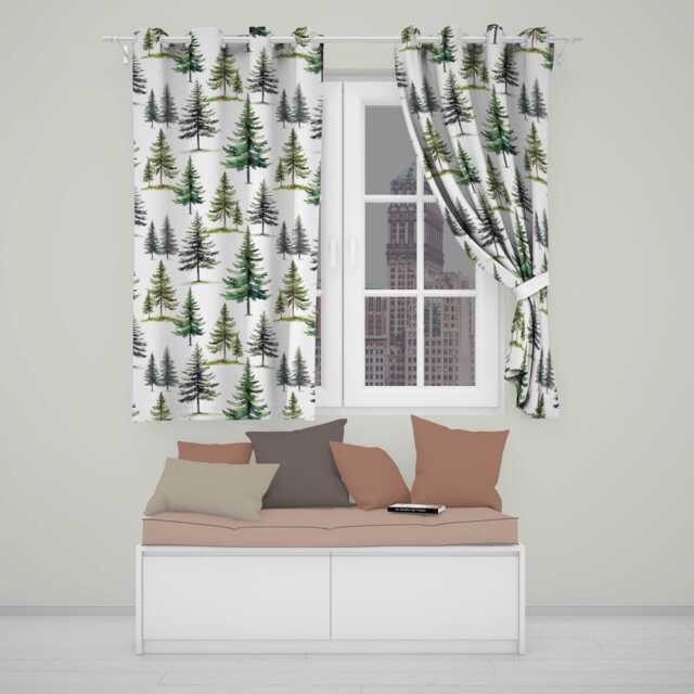 Pine Tree Forest Evergreen Woodland Nature On Light Grey Seamless Pattern Readymade Eyelet Ring Top Thermal 100% Blackout Curtains - image 1