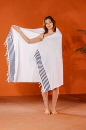 Hand-Woven Organic Cotton Beach Towel White With Blue Stripes - thumbnail 1
