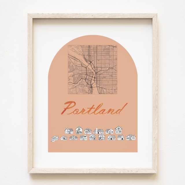 Portland Streetscape + Map Drawing Bungalows Oregon City Plan - Art Print Wedding Realtor Moving Gift Souvenir Local Decor Travel Wall - image 1