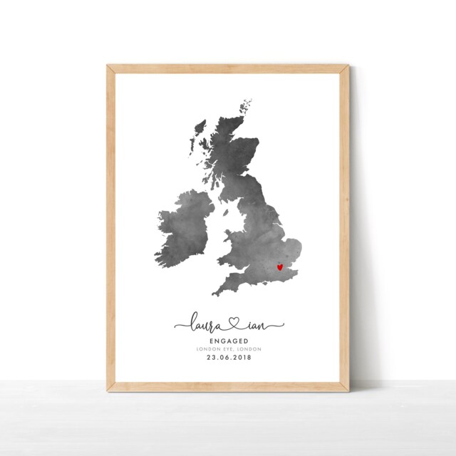 UK Map Print, Engagement Personalised Gift, Destination Travel Map, Watercolour Wedding Gift - image 1