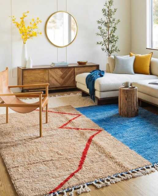 Blue Tan Geometric Rug, Red Line Moroccan Large Area Handmade Berber Shag Modern Abstract Wool Carpet, Block Decor - image 1