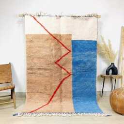 Blue Tan Geometric Rug, Red Line Moroccan Large Area Handmade Berber Shag Modern Abstract Wool Carpet, Block Decor - thumbnail 2
