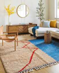 Blue Tan Geometric Rug, Red Line Moroccan Large Area Handmade Berber Shag Modern Abstract Wool Carpet, Block Decor - thumbnail 1