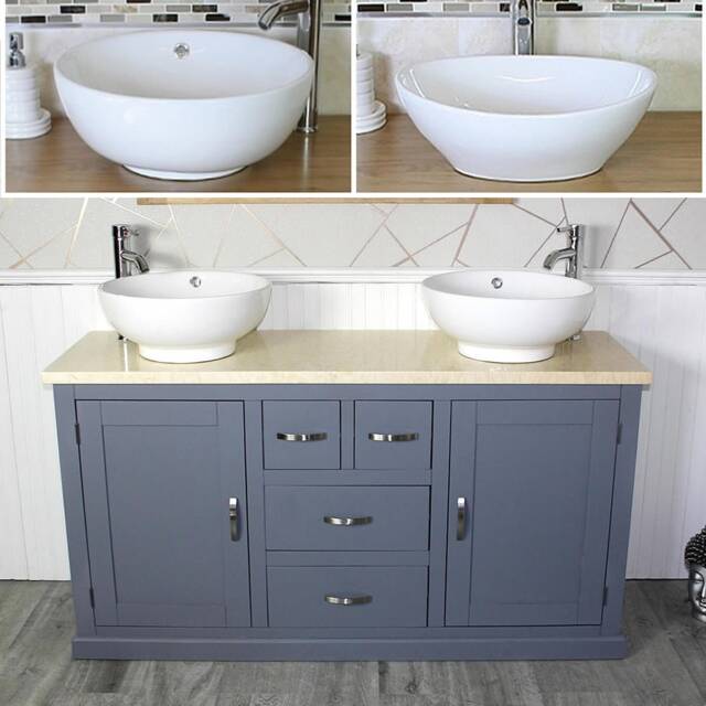 Grey Painted Bathroom Double Vanity Unit Cabinet Cream Marble Ceramic Basin Set 603Gcmcbc - image 1