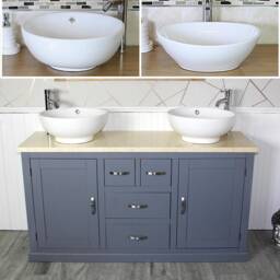 Grey Painted Bathroom Double Vanity Unit Cabinet Cream Marble Ceramic Basin Set 603Gcmcbc