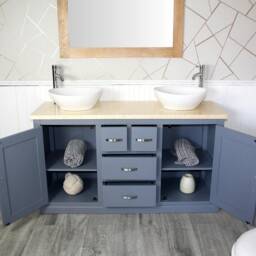 Grey Painted Bathroom Double Vanity Unit Cabinet Cream Marble Ceramic Basin Set 603Gcmcbc - thumbnail 3