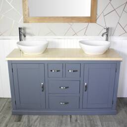 Grey Painted Bathroom Double Vanity Unit Cabinet Cream Marble Ceramic Basin Set 603Gcmcbc - thumbnail 2