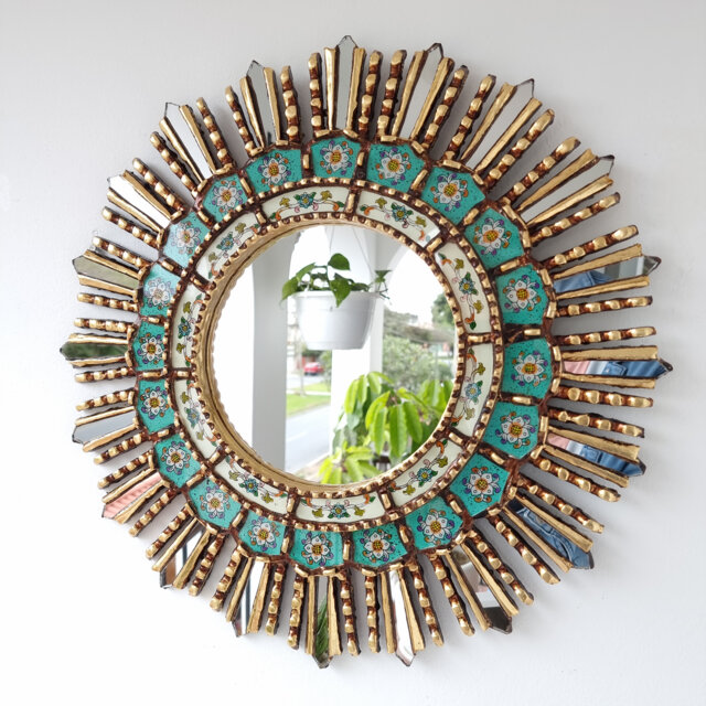 Peruvian Turquoise Lima Mirror 50 cm Handmade Wall Decor - Carved Wood Round Statement For Living Room Bathroom - image 1