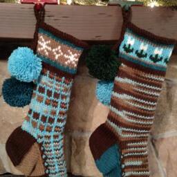 Hand Knit Christmas Stocking Brown Blue Green Windowpane Plaid Snowflake Diamond Border Santa's Works - thumbnail 2