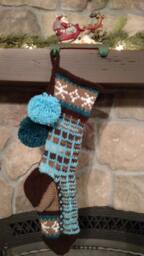 Hand Knit Christmas Stocking Brown Blue Green Windowpane Plaid Snowflake Diamond Border Santa's Works
