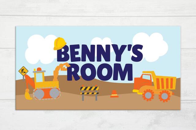 Construction Door Sign, Truck Personalized Print, Boy's Trucks Kid's Plaque, Name Nursery Wall Art - image 1