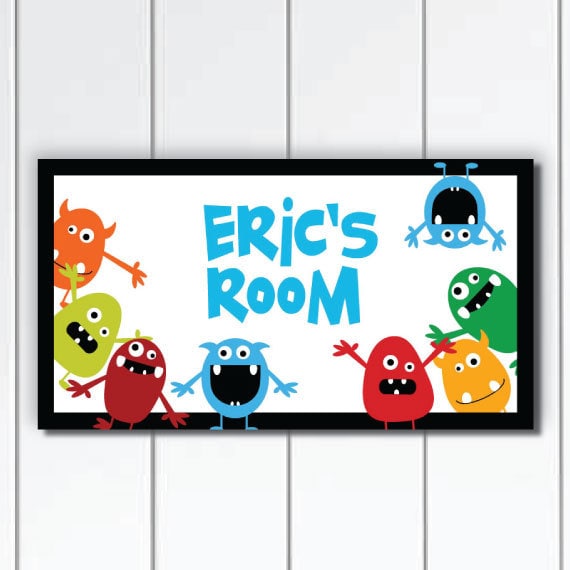 Personalized Kids Door Sign, Cute & Fun Colorful Monsters, Nursery Wall Art - image 1