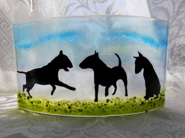 Fused Glass English Bull Terrier Tea Light Shade - Freestanding Candle Holder - image 1