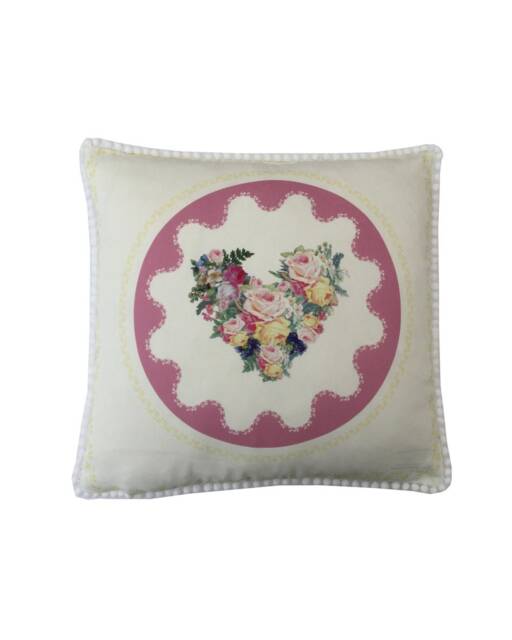 Handmade Hearts Floral Pink Rose Double Sided Pompom Trim Country Cottage Cushion Cover Pillow Sham Gift - image 1