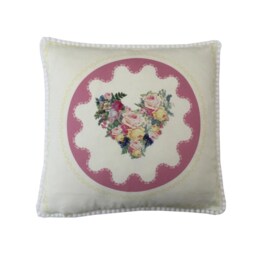 Handmade Hearts Floral Pink Rose Double Sided Pompom Trim Country Cottage Cushion Cover Pillow Sham Gift - thumbnail 2