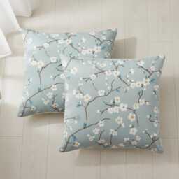 Japanese Cherry Blossom Floral Cushion Cover , Marine Blue Throw Pillow - thumbnail 3