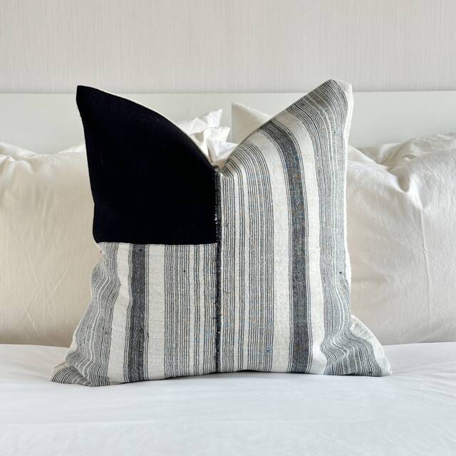 Hmong Hemp Pillow Cover Black & Striped, Vintage Textile - 20 - image 1