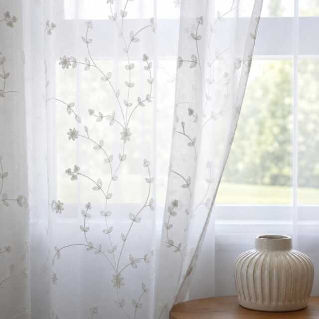 Embroidered Floral Voile Curtains, White Botanical Sheer Window Drapes - image 1