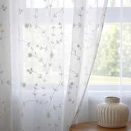 Embroidered Floral Voile Curtains, White Botanical Sheer Window Drapes
