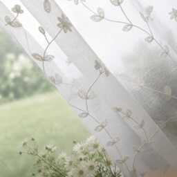 Embroidered Floral Voile Curtains, White Botanical Sheer Window Drapes - thumbnail 3