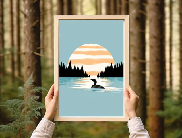 Calming Vintage Loon Art Print - Minimalistic Nature Blue Lake Cabin Relaxing By Minnesota Artist - image 1