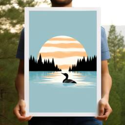 Calming Vintage Loon Art Print - Minimalistic Nature Blue Lake Cabin Relaxing By Minnesota Artist - thumbnail 3