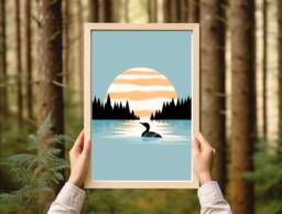 Calming Vintage Loon Art Print - Minimalistic Nature Blue Lake Cabin Relaxing By Minnesota Artist - thumbnail 1