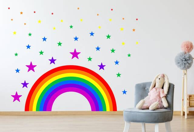 Rainbow & Stars Wall Sticker Kit Nursery Decal Car Art Vinyl 2 Sizes Multicolour Bright Children's Bedroom Mural - image 1