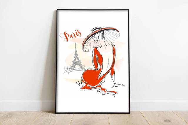 Paris Fashion Print Woman in Red Dress, Eiffel Tower Wall Art - image 1