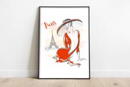 Paris Fashion Print Woman in Red Dress, Eiffel Tower Wall Art - thumbnail 1