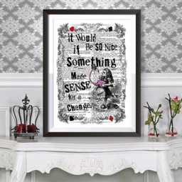 Alice in Wonderland Poster Print, Pink Flamingo Wall Art, Home Decor With Dictionary Background, Unique Gift Idea
