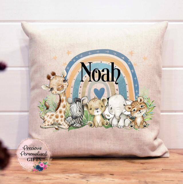 Personalised Safari Animal Rainbow Cushion Jungle Nursery Decor New Baby Gift - image 1