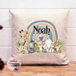 Personalised Safari Animal Rainbow Cushion Jungle Nursery Decor New Baby Gift - thumbnail 1