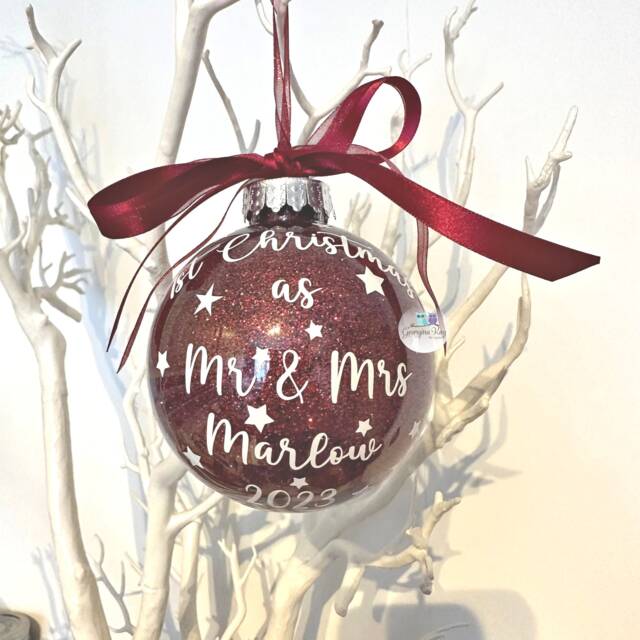 1st Christmas As Mr & Mrs, Bauble, Personalised Newlywed Gift, Married - image 1