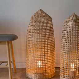 Tall Woven Bamboo Floor Lamp Wood Standing Light, Basket Lantern, Sustainable Rustic Rattan - thumbnail 2