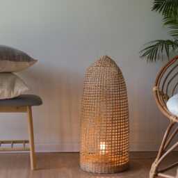 Tall Woven Bamboo Floor Lamp Wood Standing Light, Basket Lantern, Sustainable Rustic Rattan - thumbnail 3