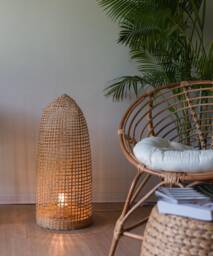 Tall Woven Bamboo Floor Lamp Wood Standing Light, Basket Lantern, Sustainable Rustic Rattan - thumbnail 1