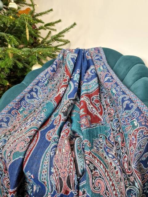 Merino Boiled Pure Wool Handmade Sofa/Bed Hygge Lounge Warm Cosy Paisley Persian Elegant Jamamvar Throw - Rich Colour Blue Teal Aqua Red - image 1