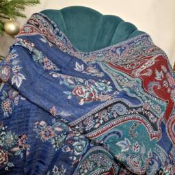 Merino Boiled Pure Wool Handmade Sofa/Bed Hygge Lounge Warm Cosy Paisley Persian Elegant Jamamvar Throw - Rich Colour Blue Teal Aqua Red - thumbnail 2