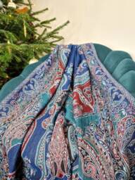 Merino Boiled Pure Wool Handmade Sofa/Bed Hygge Lounge Warm Cosy Paisley Persian Elegant Jamamvar Throw - Rich Colour Blue Teal Aqua Red