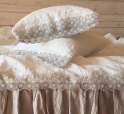 Lace Linen Sheet Set - Stonewashed Off-White Bedding With Pillowcases Vintage-Style Trim Breathable Natural Bed