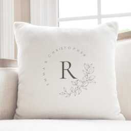 Personalized Monogram Pillow Cover, Botanical Wreath, Wedding Gift - thumbnail 1