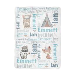 Personalized Woodland Baby Blanket - Boy Name Fox Nursery Raccoon, Bear, Teepee Gift - thumbnail 2