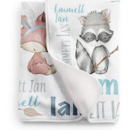 Personalized Woodland Baby Blanket - Boy Name Fox Nursery Raccoon, Bear, Teepee Gift - thumbnail 3