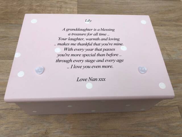 Personalised Jewellery Box Granddaughter ~ Girl Birthday Or Christening/Newborn Shabby Chic Style With Any Name Date Keepsake - image 1