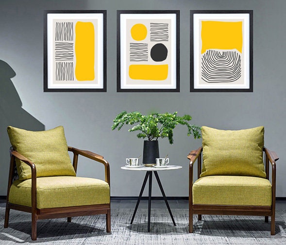 Scandinavian Black Yellow Grey Abstract Cool Triple Set Of 3 A4 A3 A2 Framed Prints Pictures Modern Art Three Wall Filler Free Delivery - image 1