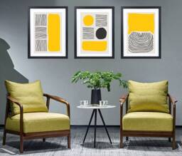 Scandinavian Black Yellow Grey Abstract Cool Triple Set Of 3 A4 A3 A2 Framed Prints Pictures Modern Art Three Wall Filler Free Delivery - thumbnail 1