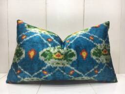 Ikat Lumbar Pillow Cover Handwoven Silk, Turquoise Blue, 12x20
