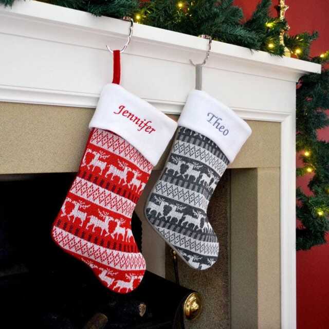 Personalised Embroidered Christmas Stocking Luxury Knitted Reindeer With Name - Red Or Silver Design UK Gift - image 1